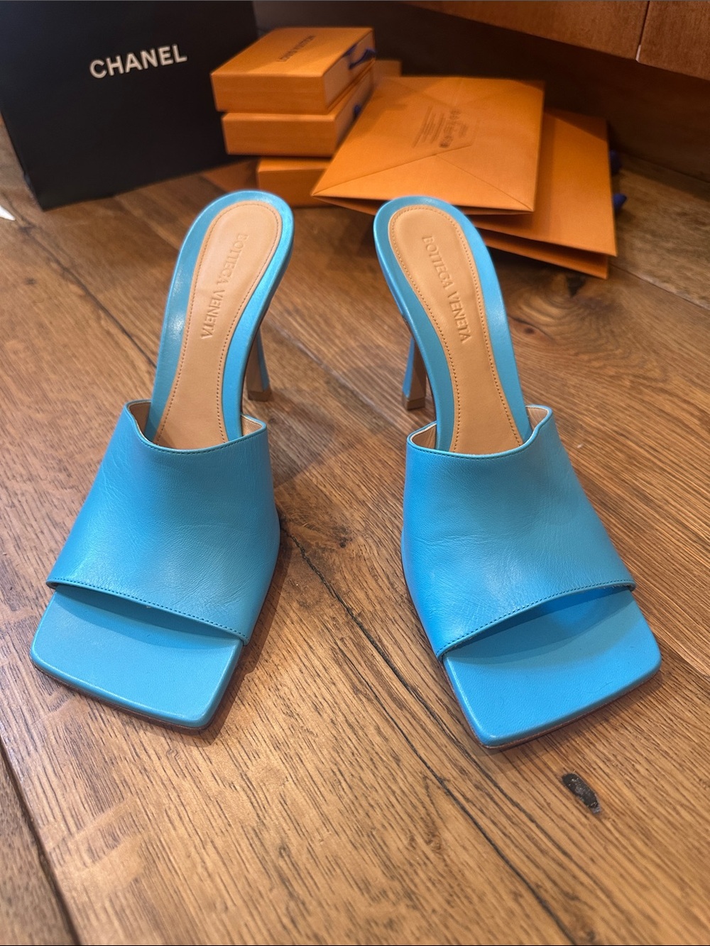 Bottega Veneta Turquoise Leather Square-Toe Slide Mules